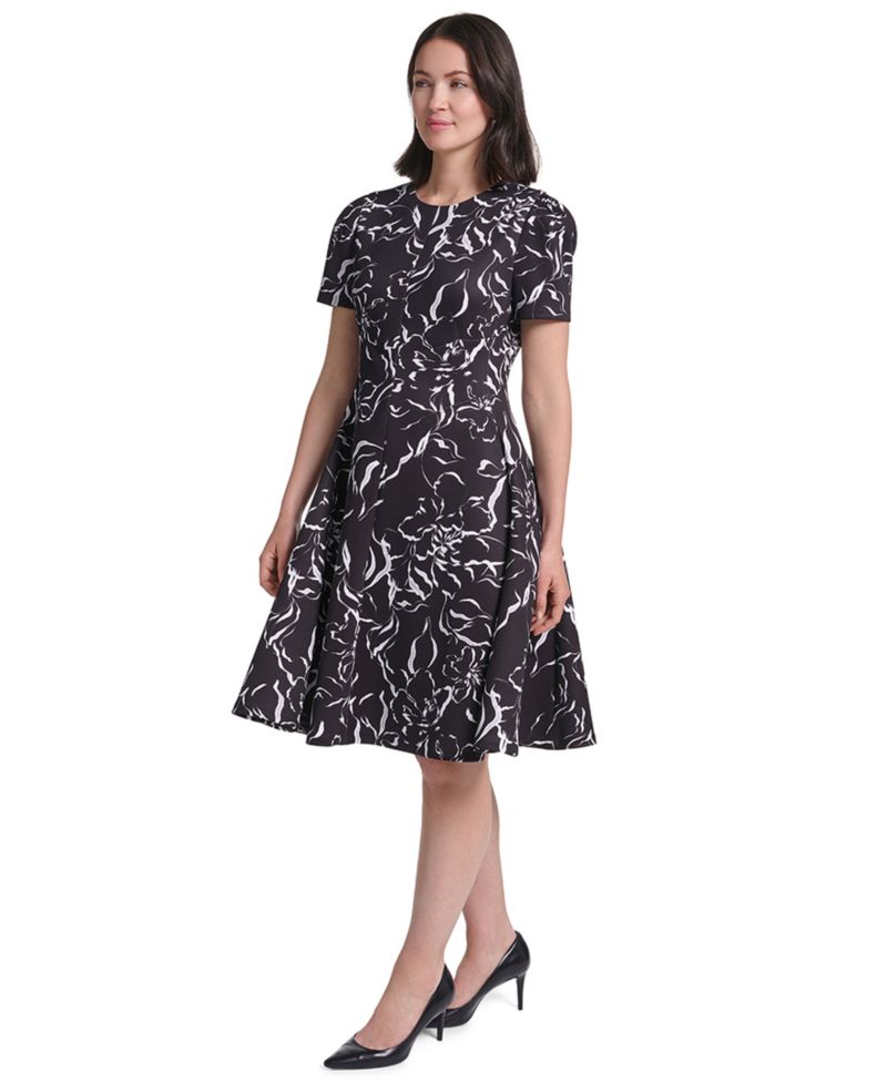 Petite Short-Sleeve Floral-Print Fit & Flare Midi Dress