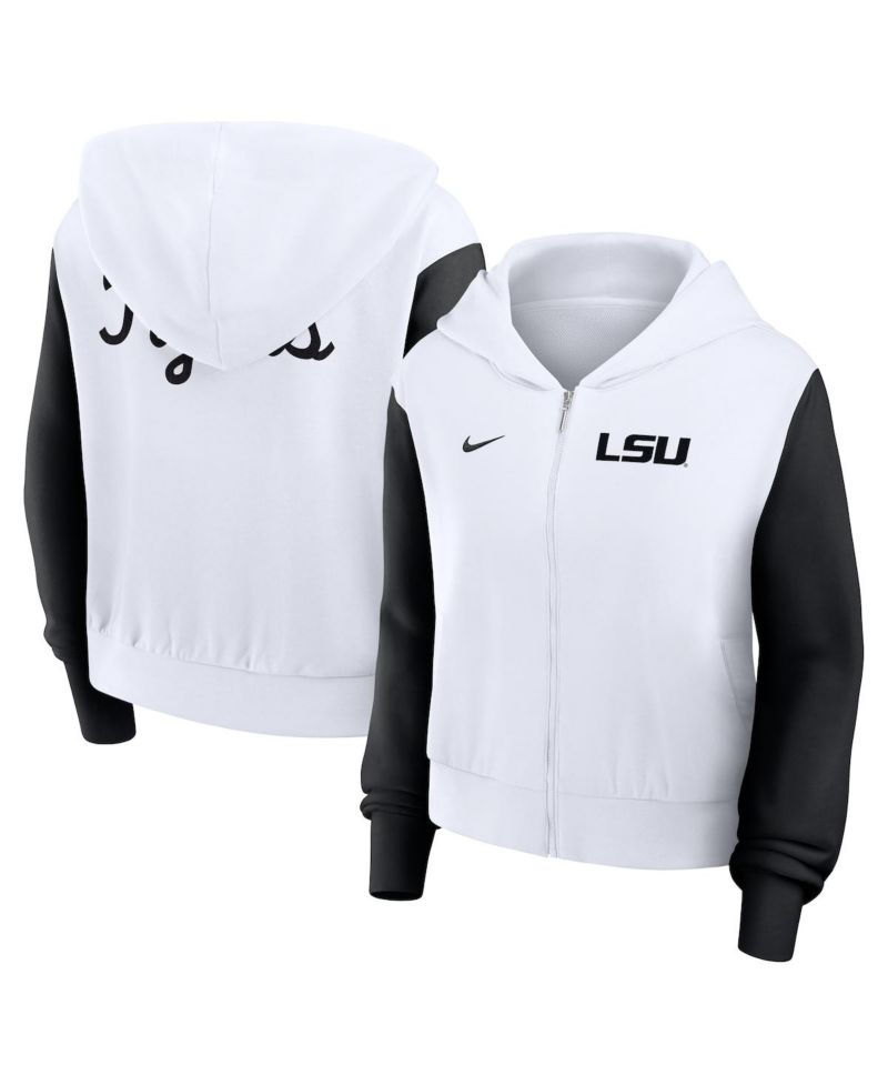 Women's White LSU Tigers Cropped Beyond Capability Color Block Script Full-Zip Hoodie