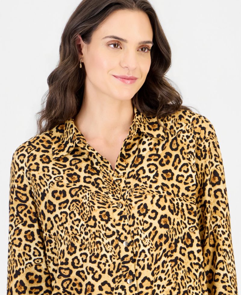 Women's Leopard-Print Roll-Tab Point Collar Button Top