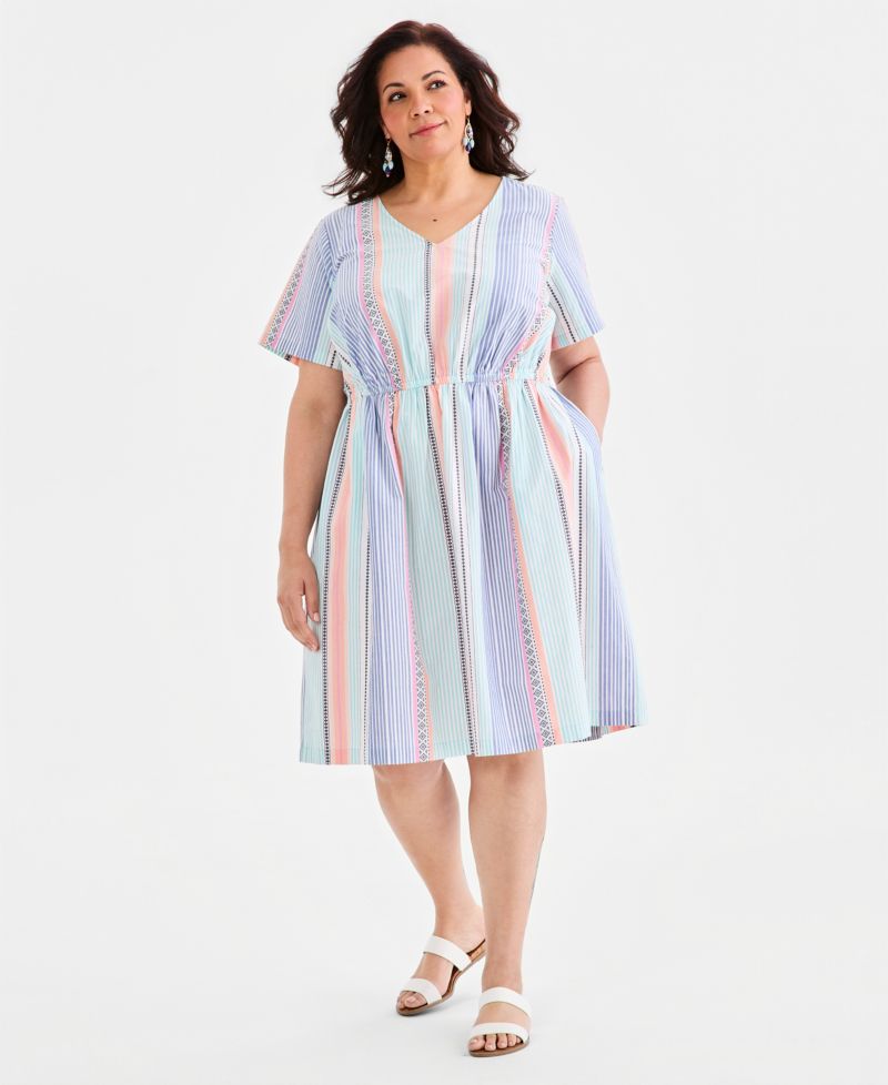 Plus Size Printed Cotton V-Neck Dress