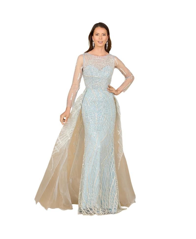 Women's Long Sleeve Lace Gown with Tulle Overskirt