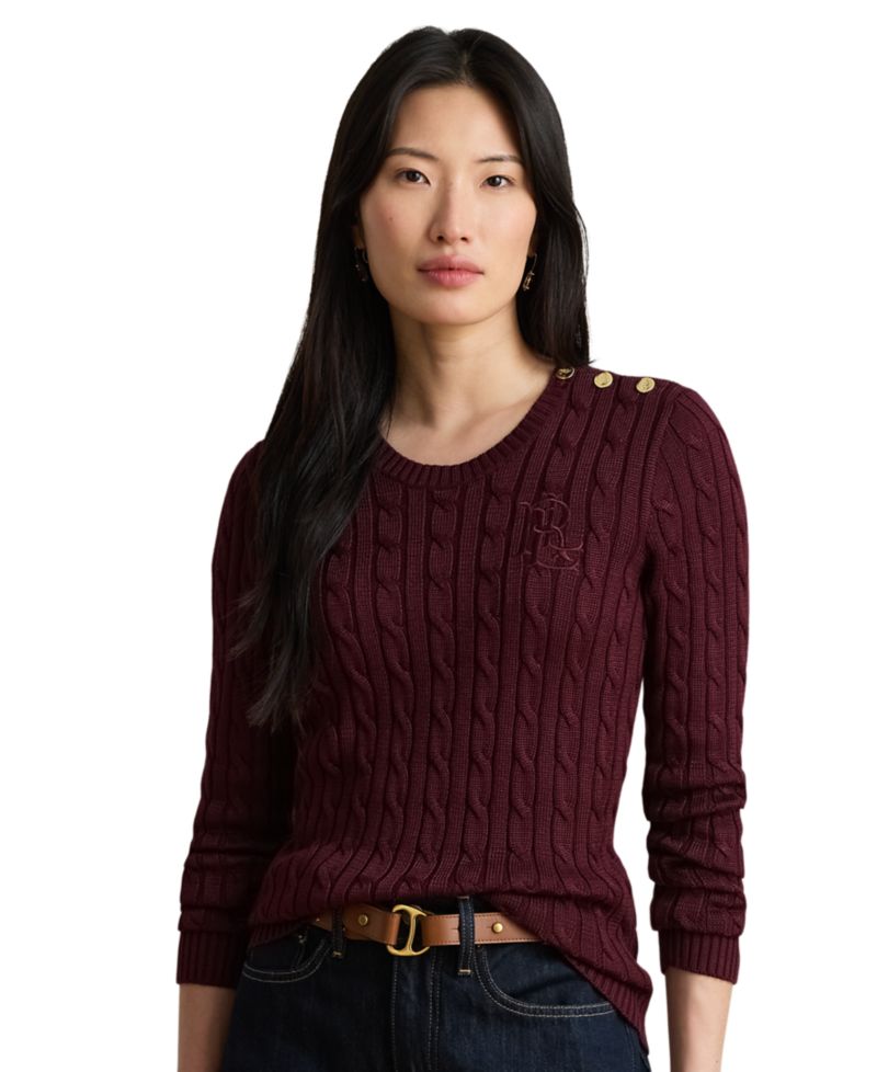 Petite Button-Trim Cable-Knit Sweater
