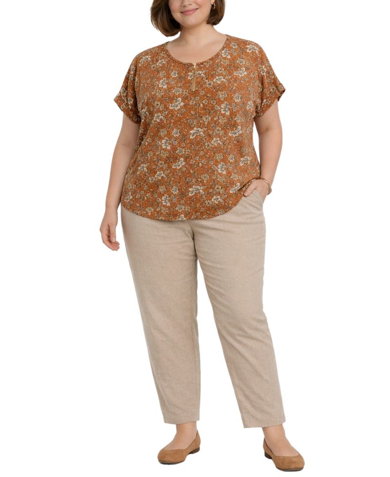 Plus Size Boho Floral Rib Zip Front Dolman Top