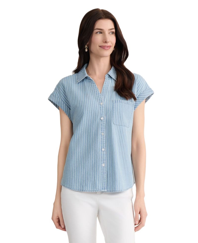 Petite Button-Front Collared Neck Top