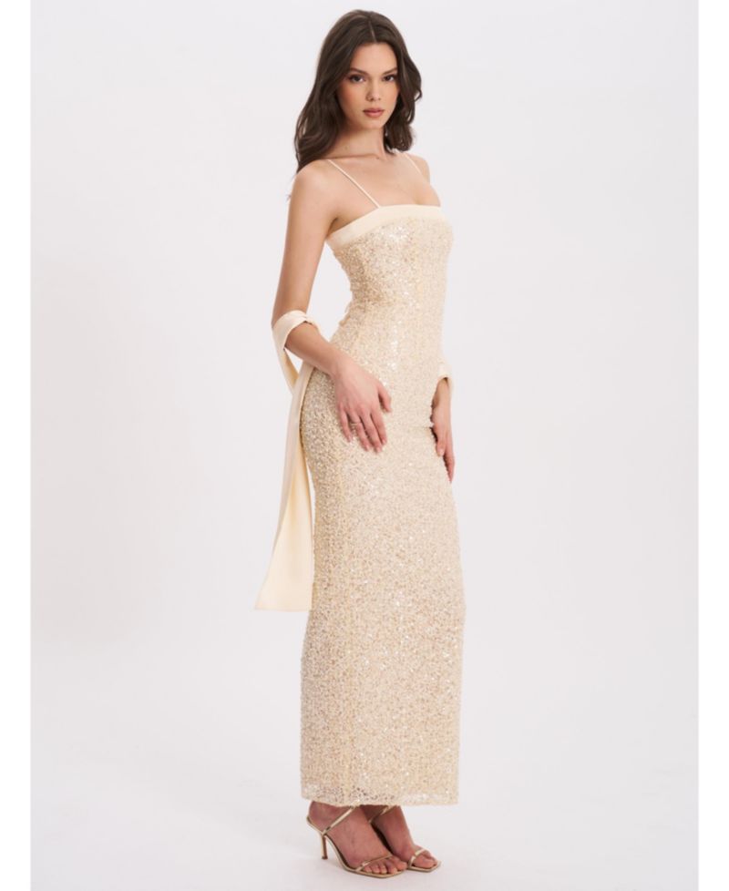 Women's Raizel Gold Beaded Sequin Bodycon Gown with Scarf