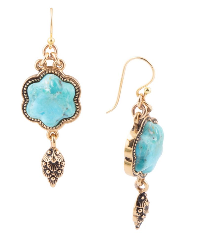 Flower Genuine Blue Turquoise Golden Drop Earrings