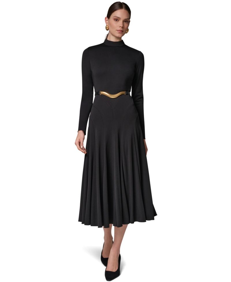 Women's Long Sleeve Mock Neck Pleated Maxi Dress with Belt