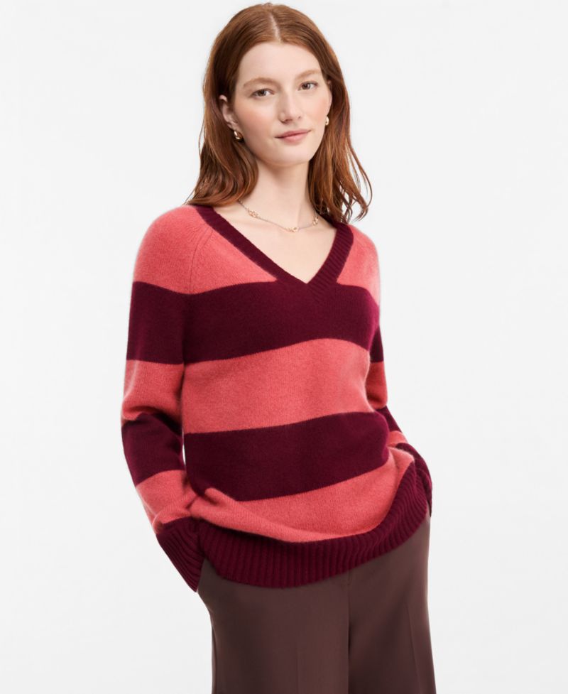 Women's 100% Cashmere Striped V-Neck Sweater
