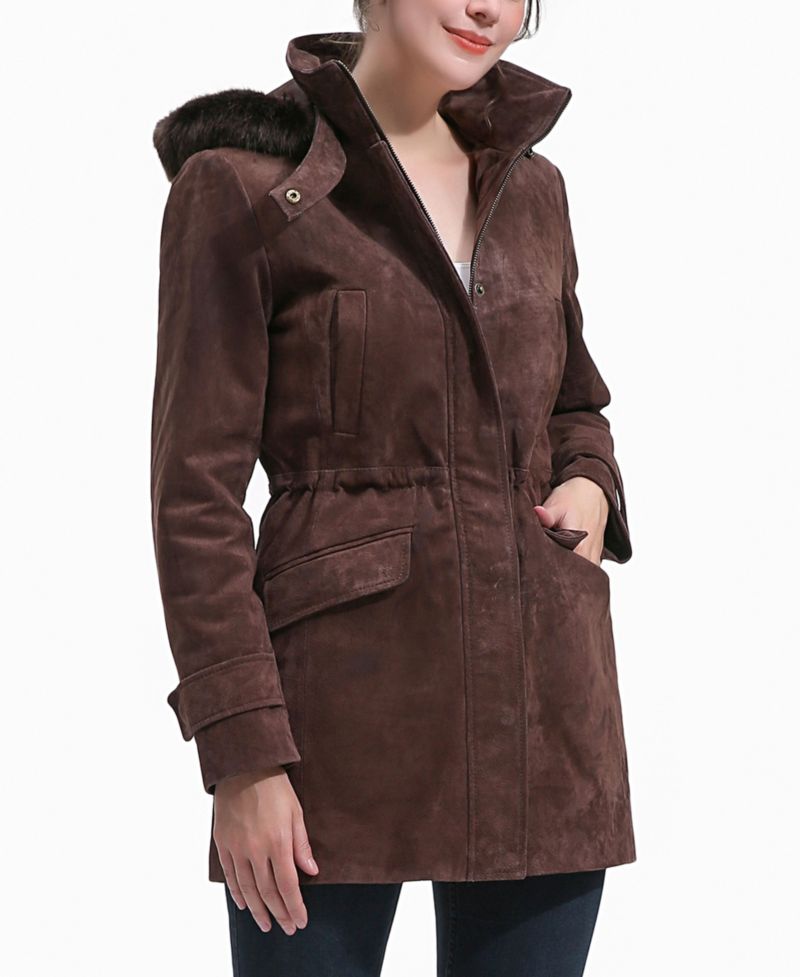 Women's Iris Hooded Suede Leather Parka Jacket