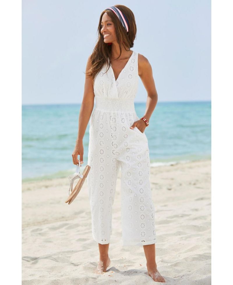 Women's Cotton Sleeveless Eyelet Smocked Jumpsuit