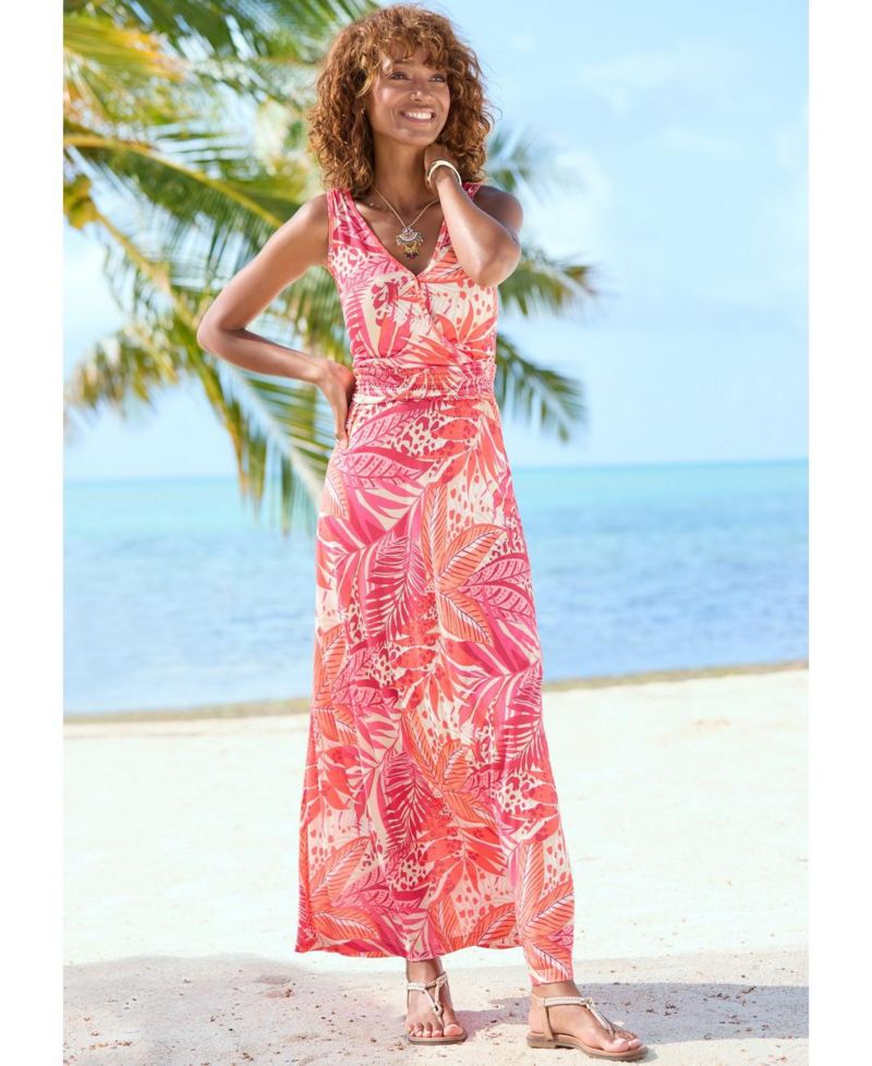 Women's Viscose Printed Smocked Waist A-Line V-Neck Maxi Dress