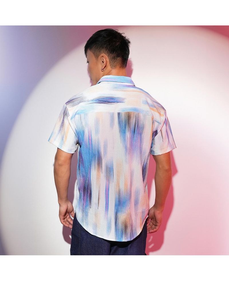Men's Sky Blue & Ivory White Strokes-Textured Shirt