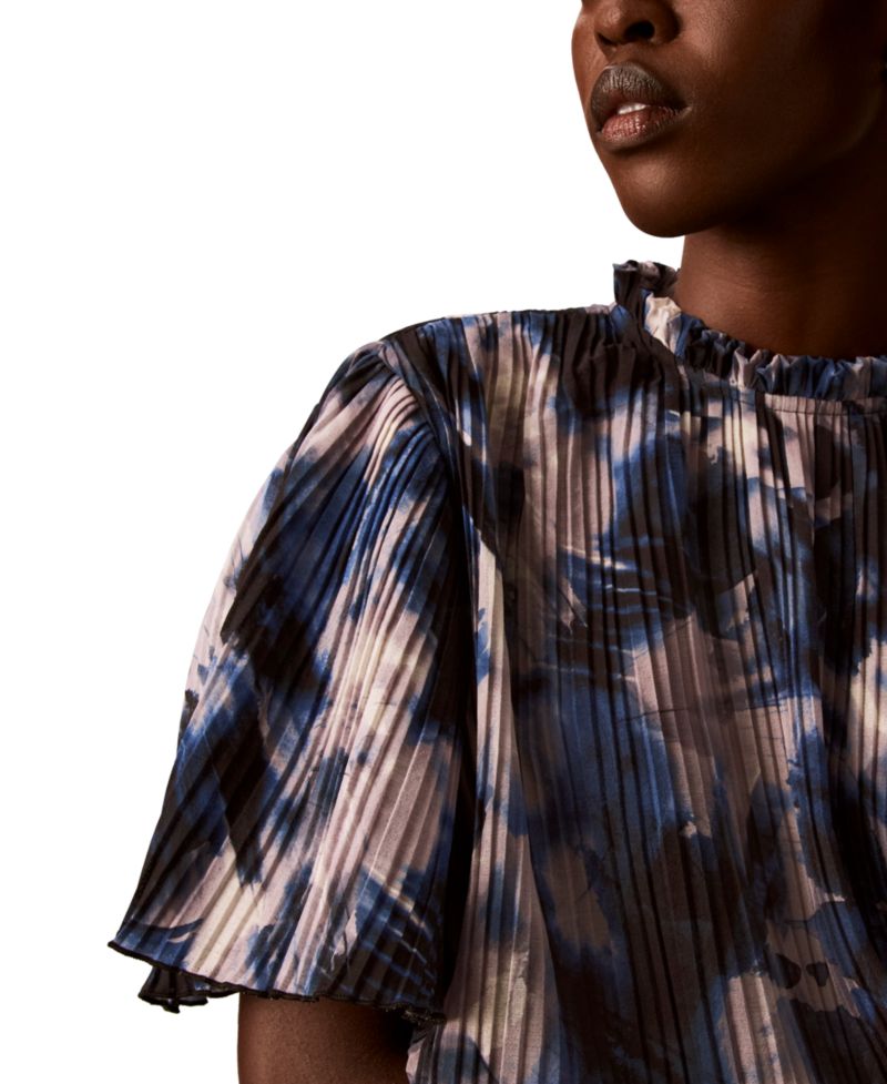 Women's Short-Sleeve Ruffle-Neck Pleated Blouse