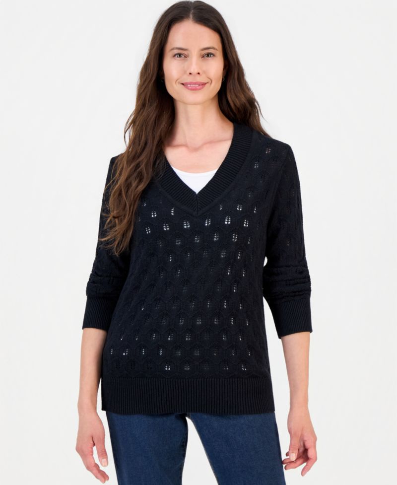 Petite Pointelle V-Neck Cotton Sweater