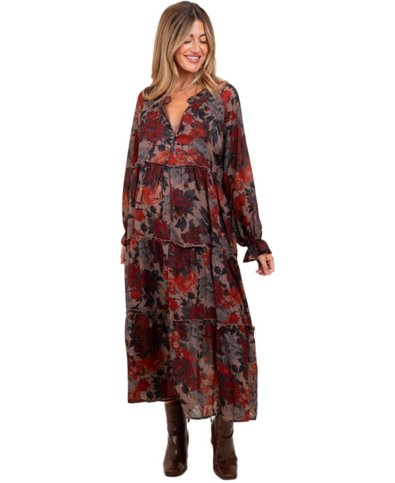Women's Navy Floral Chiffon Ruffle Tiered Midi Dress