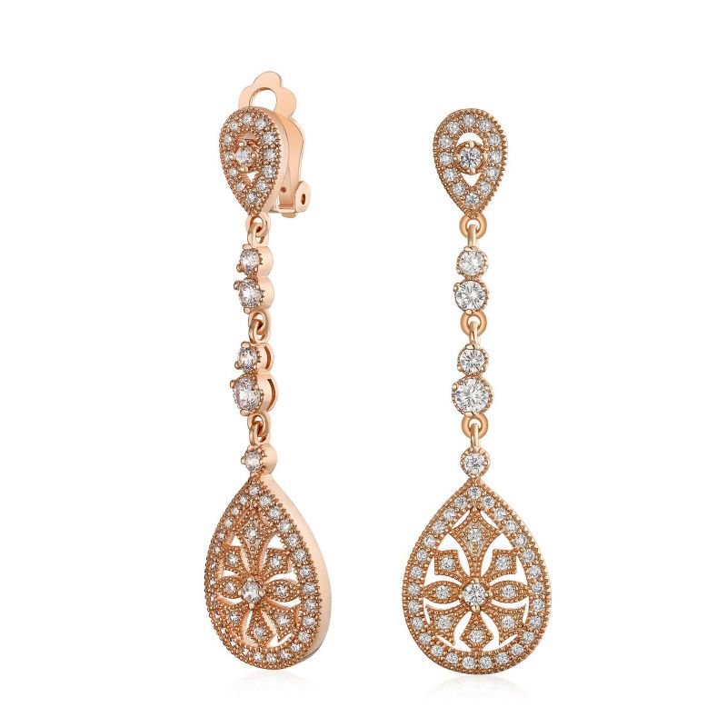 Art Deco Teardrop Rose Gold CZ Chandelier Clip On Earrings Gold Plated
