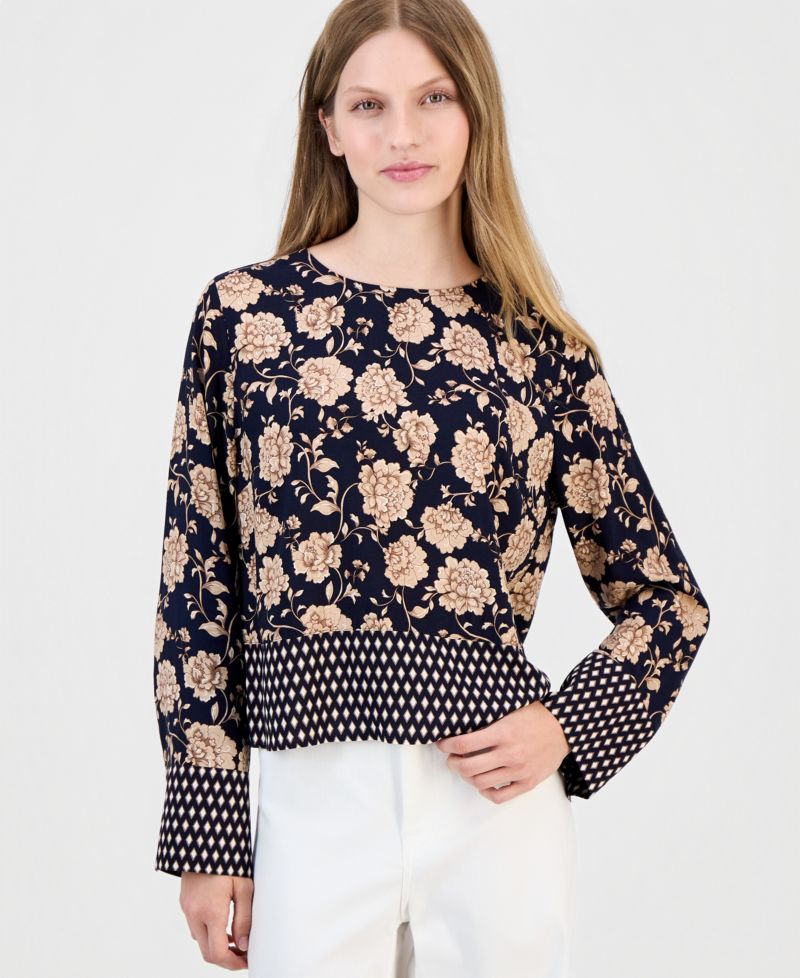 Women's Long-Sleeve Border-Print Blouse
