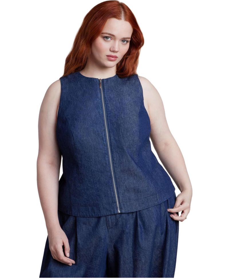 Plus Size Chambray Zip Up Women's Top