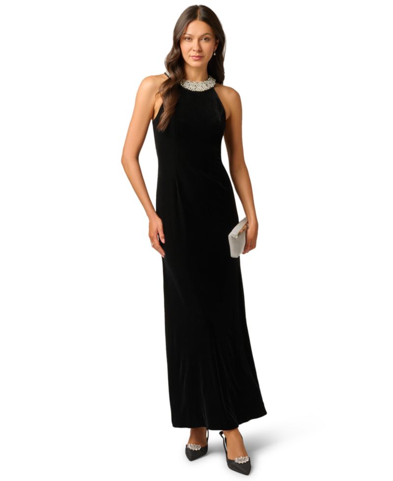 Petite Imitation Pearl Collar Velvet Sleeveless Halter Gown