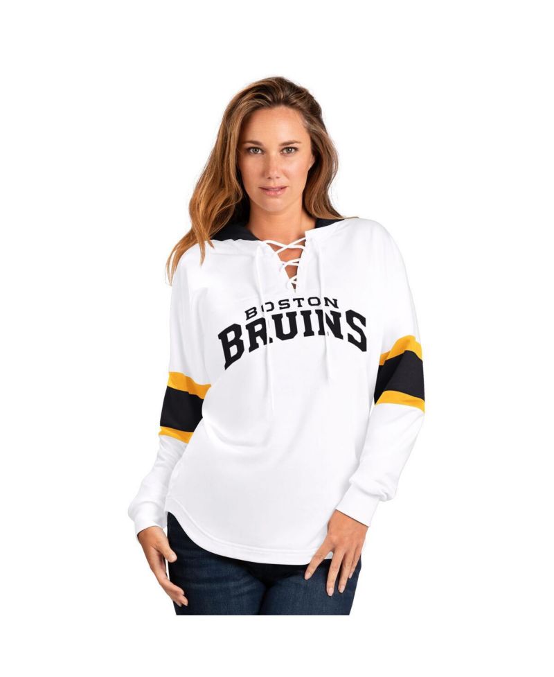 Women's White Boston Bruins Goal Zone Long Sleeve Lace-Up Hoodie T-Shirt