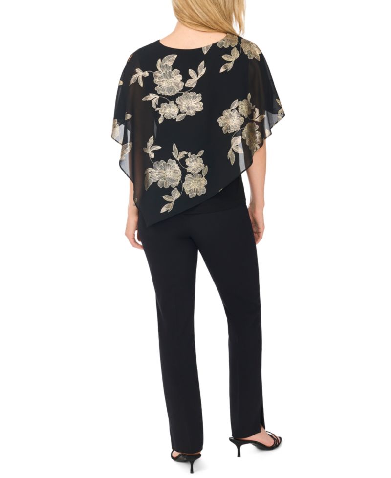 Petite Combo Overlay Asymmetrical Floral-Metallic Top