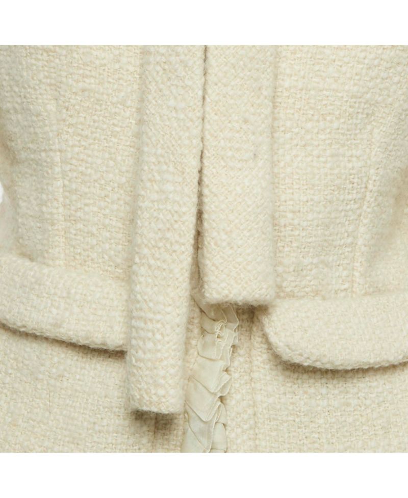 Women's Cream Tweed Ruffled Tie-Up Neck Detail Jacket