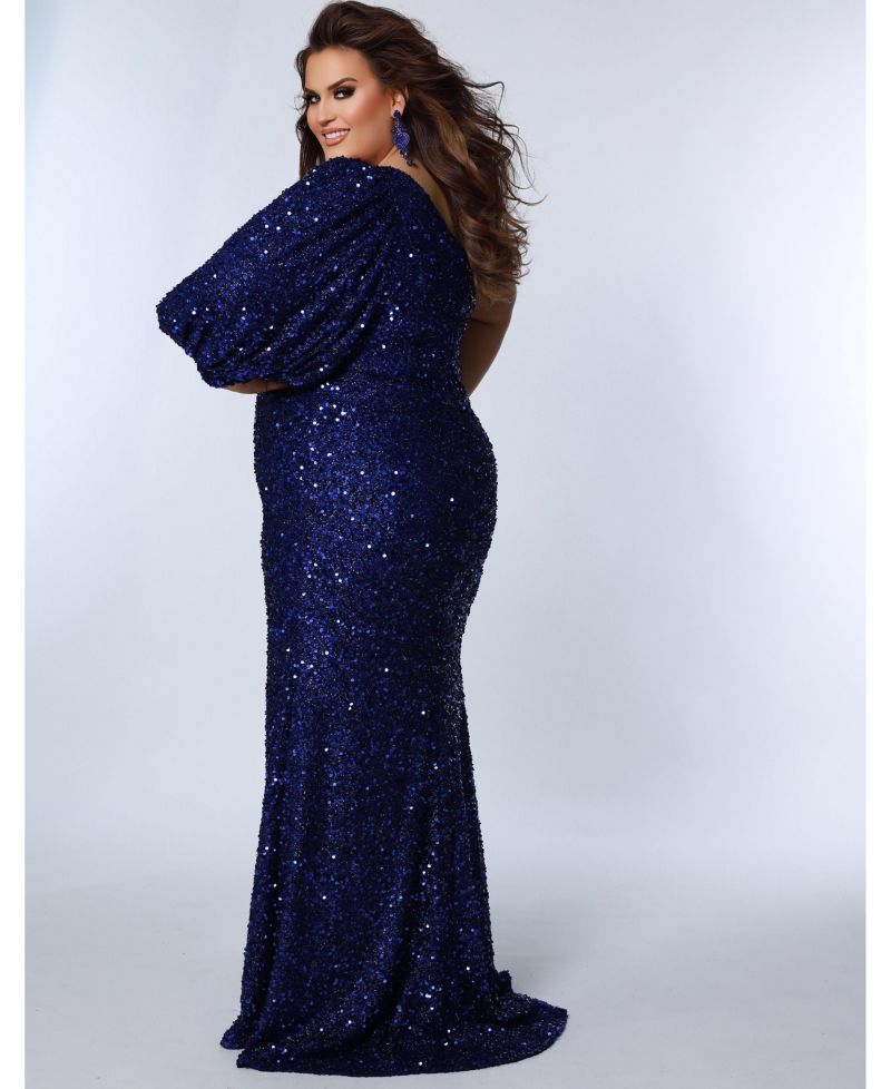 Women's One-Shoulder Pouf Sleeve Sequin Plus Size Evening Gown