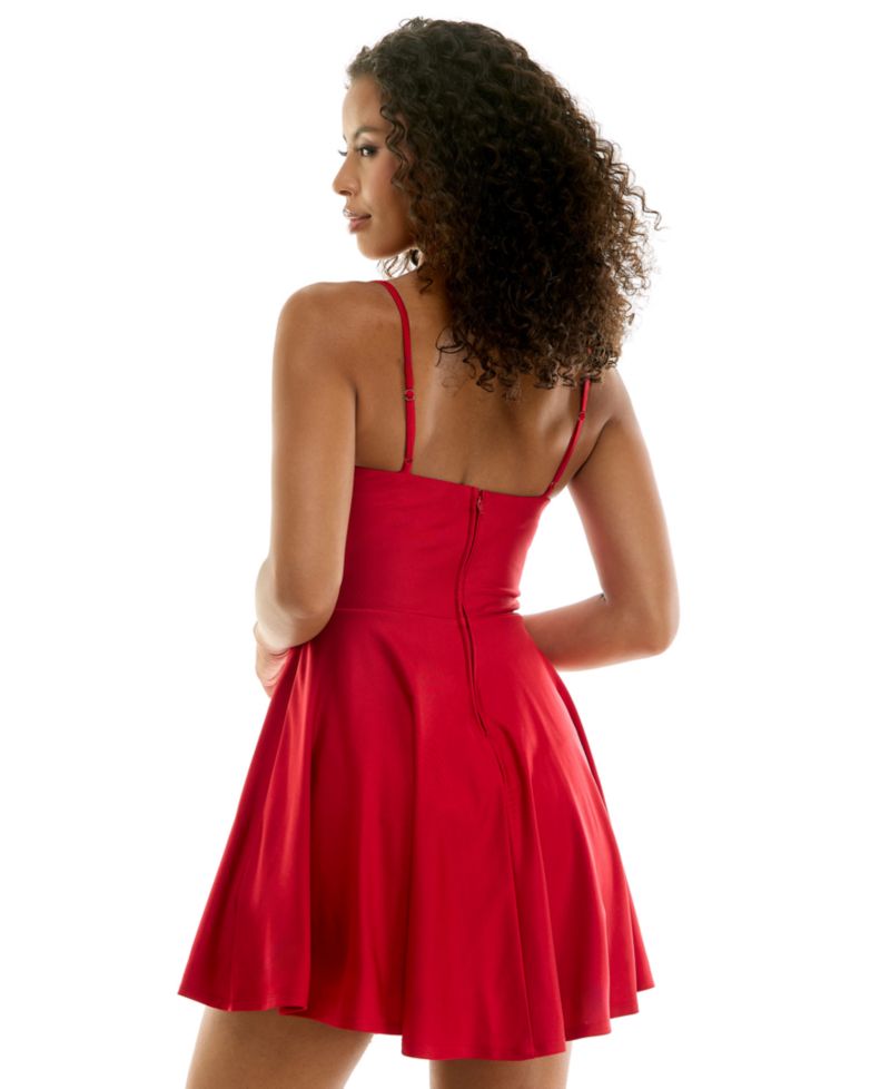 Juniors' Satin Sweetheart Rhinestone Trim Neckline Fit & Flare Dress