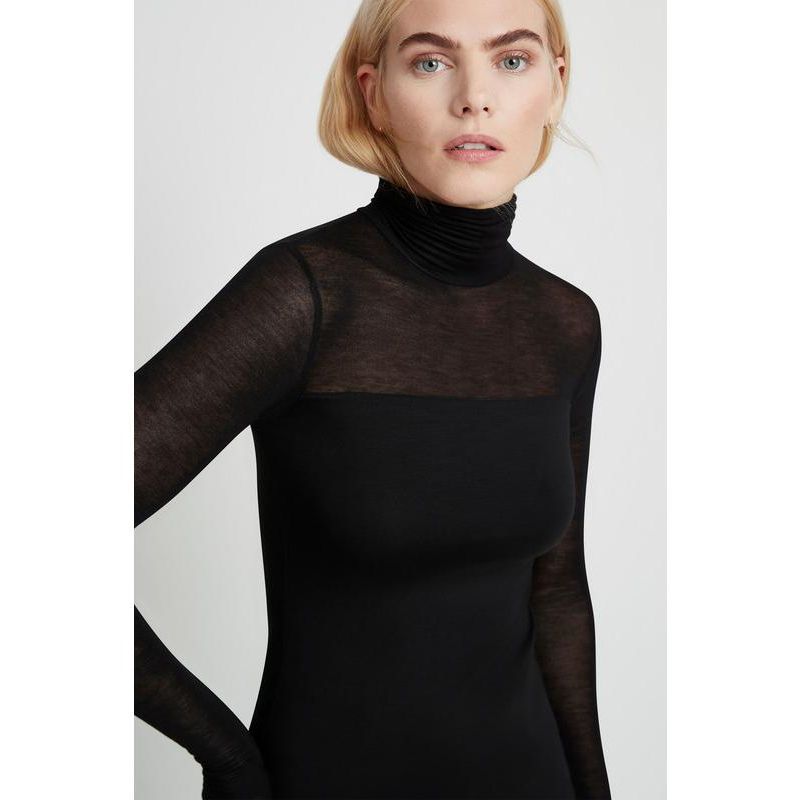 Women's Cara Fitted Turtleneck Top with Sheer Jersey Sleeves