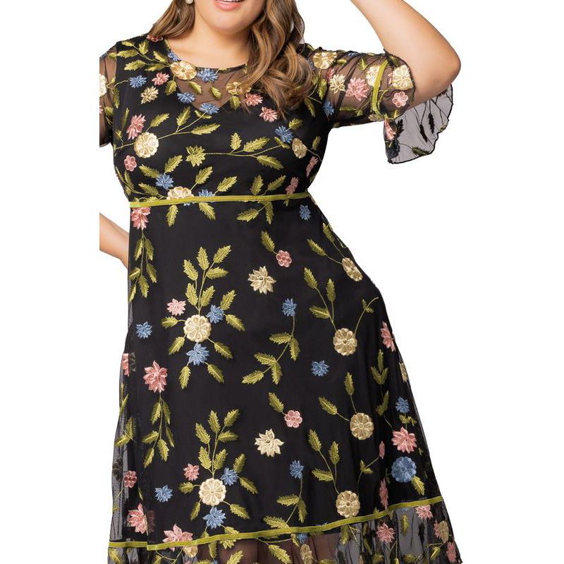 Plus Size Wildflower Embroidered Floral Mesh Cocktail Dress