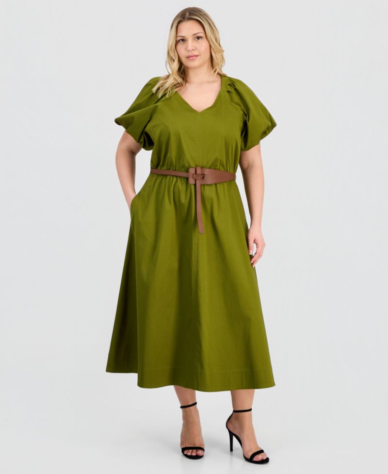 Plus-Size Sateen V-Neck Midi Dress