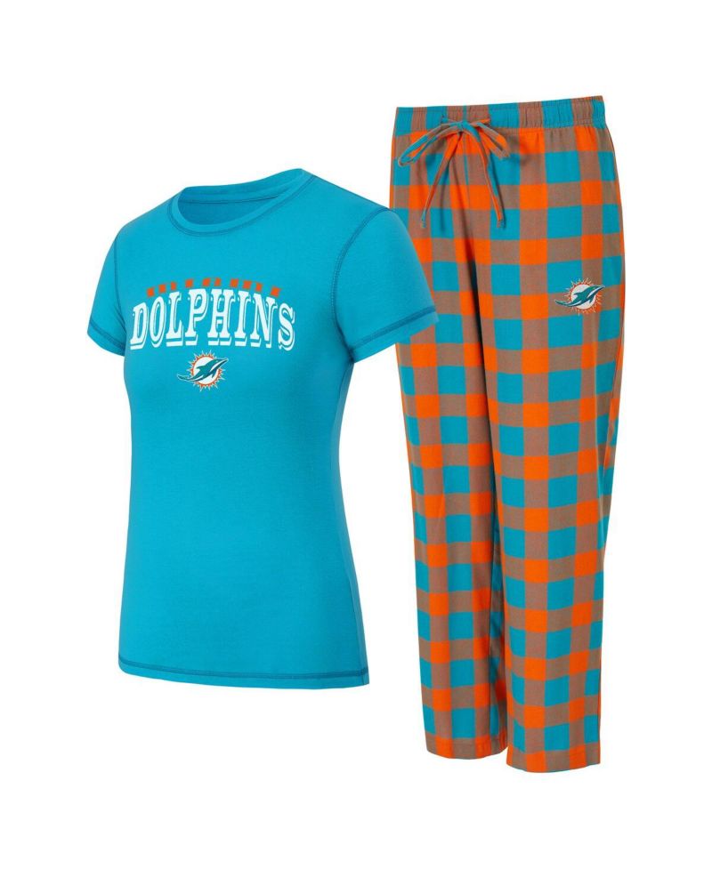 Women's 2-Piece Aqua/Orange Miami Dolphins Avondale T-Shirt and Pants Flannel Pajama Set