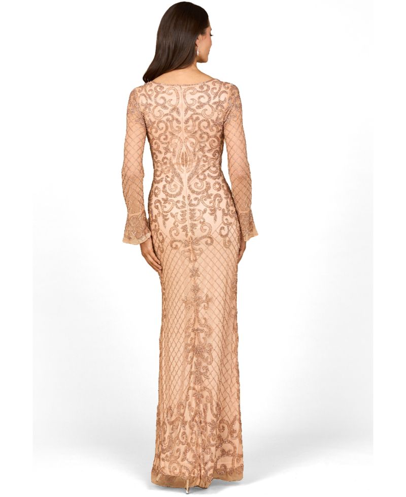 Women's Beaded Long Sleeve V-Neck Gown
