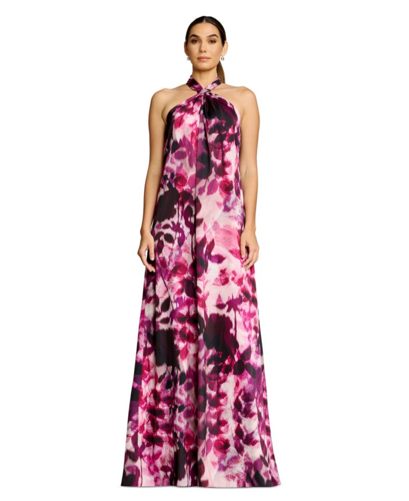 Women's Floral-Print Gathered Halter Neck W Built Up Back Column Shift Maxi Dress
