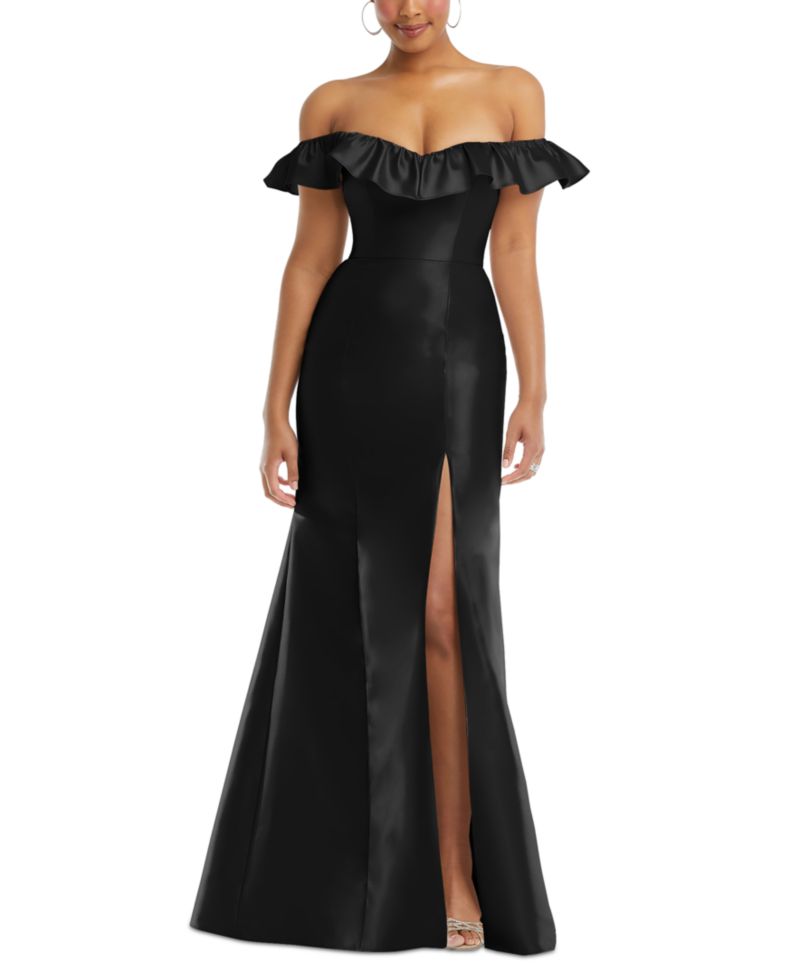 Women's Off-the-Shoulder Ruffle Neck Satin Trumpet Gown