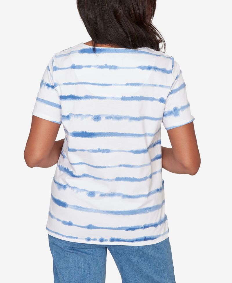 Petite Striped Floral Split Neck Top