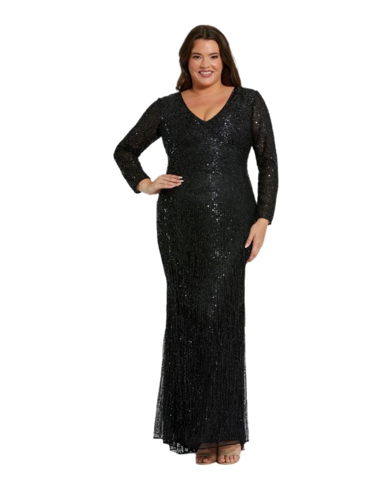 Women's Long Sleeve V Neck Beaded Fringe Gown