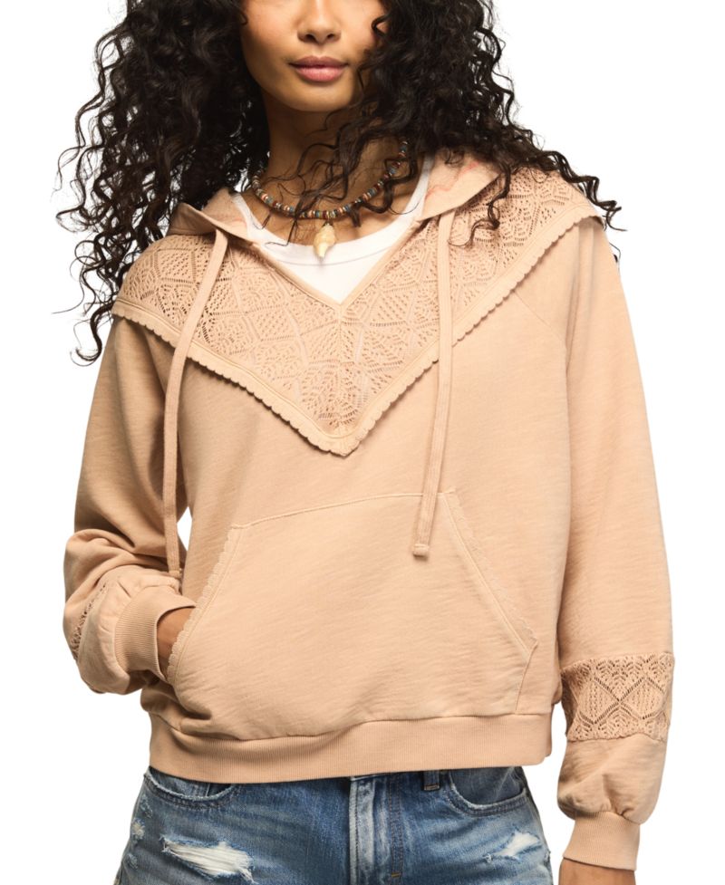 Women's Crochet-Yoke V-Neck Hoodie