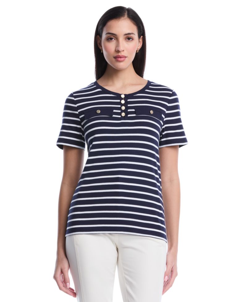 Petite Striped Welt Pocket Short-Sleeve Top