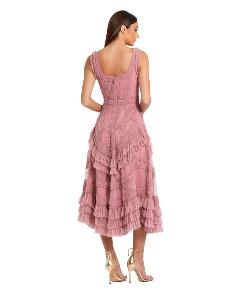 Petite Scoop Neck Sleeveless Mesh Micro Ruffle Midi Dress