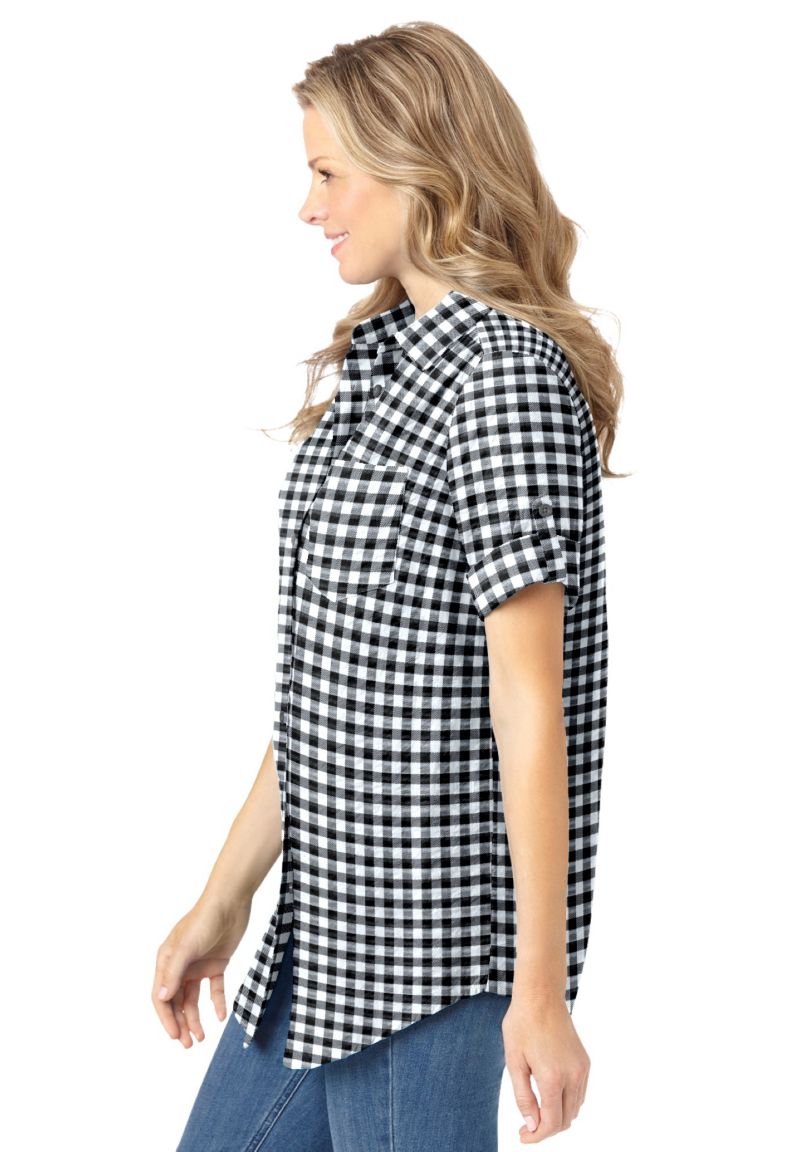 Plus Size Within Short-Sleeve Button-Down Cotton Seersucker Shirt