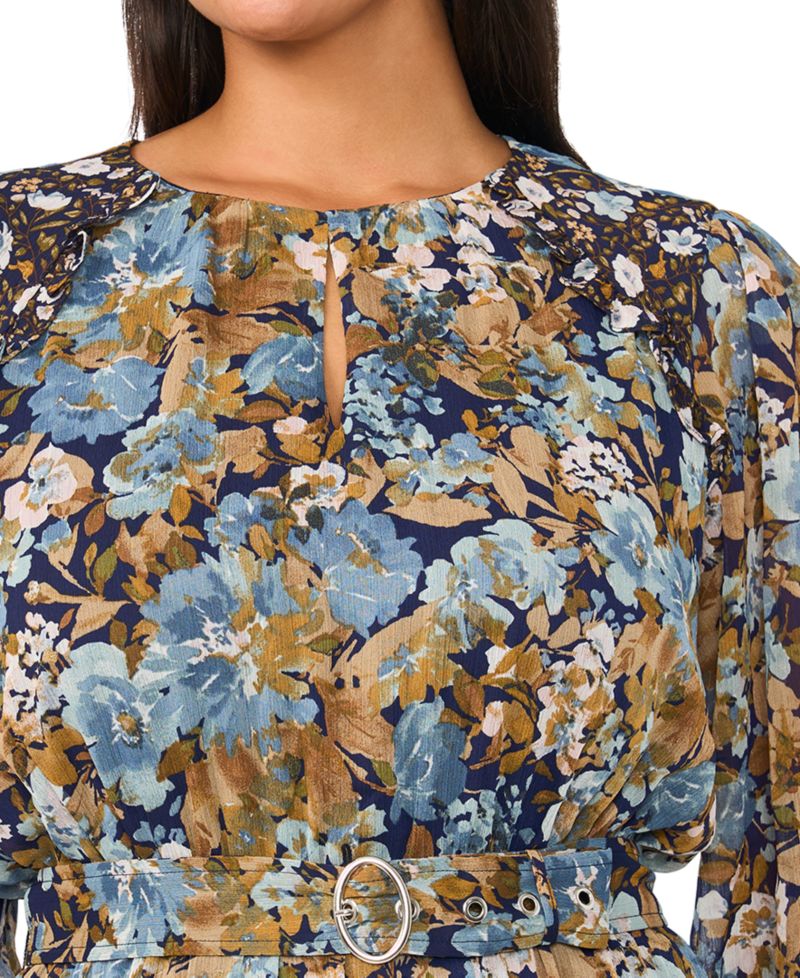 Plus Size Keyhole 3/4-Sleeve Floral-Print Chiffon Maxi Dress