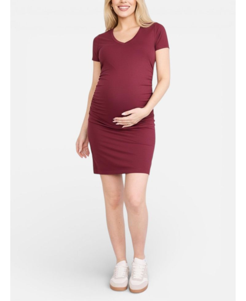 Women's Motherhood V-Neck Short Sleeve Side Ruched Bodycon Mini Dress