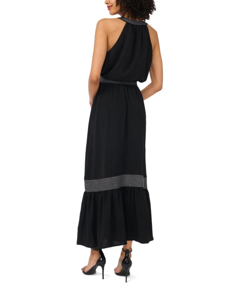 Women's Contrast Trapunto Stitch V-Neck Maxi Dress