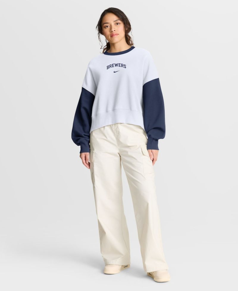 Women's White/Navy Milwaukee Brewers Oversized High Hip Fleece Sweatshirt