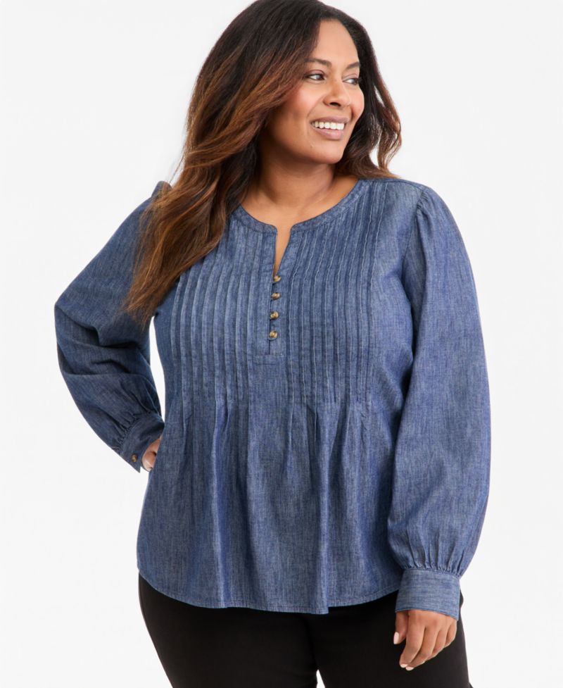 Plus Size Chambray Pintuck Long-Sleeve Top