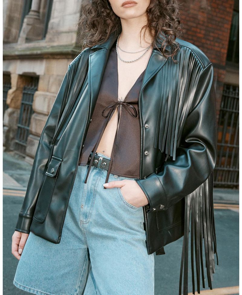 Women's Fringe Faux Leather Belted Jacket