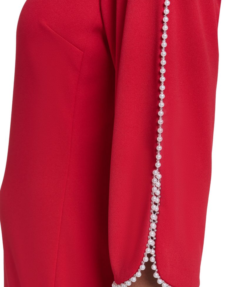 Women's Scuba Crepe Imitation Pearl Framing Boat Neck Dress
