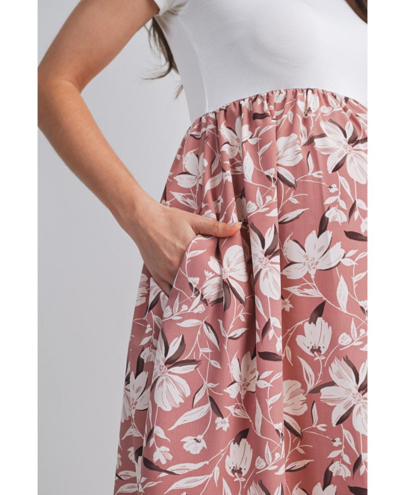 Women's Floral Scoop Neck Short Sleeve Dress with Pockets