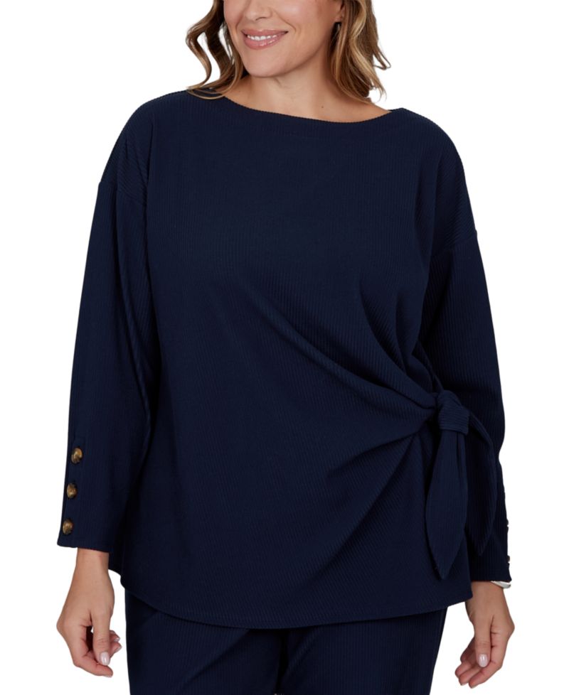 Plus Size Boat-Neck Long-Sleeve Side-Tie Top